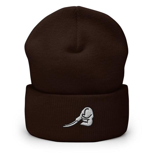 Mastadon Skull Fossil Embroidered Beanie, Handmade Cuffed Knit Unisex Slouchy Adult Winter Hat Cap Gift