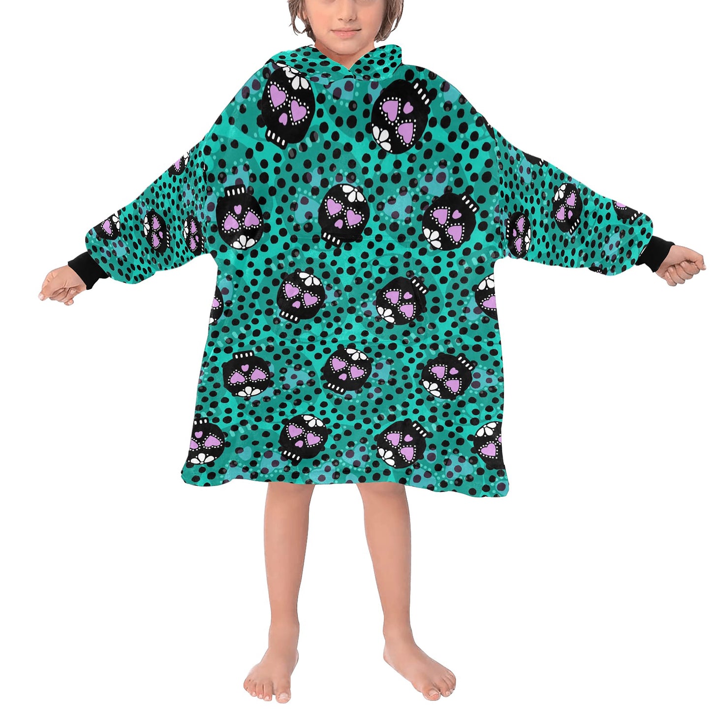Green Sugar Skull Spooky Halloween Theme Blanket Hooded Jumper Hoodie Winter Oversized Kids Adults