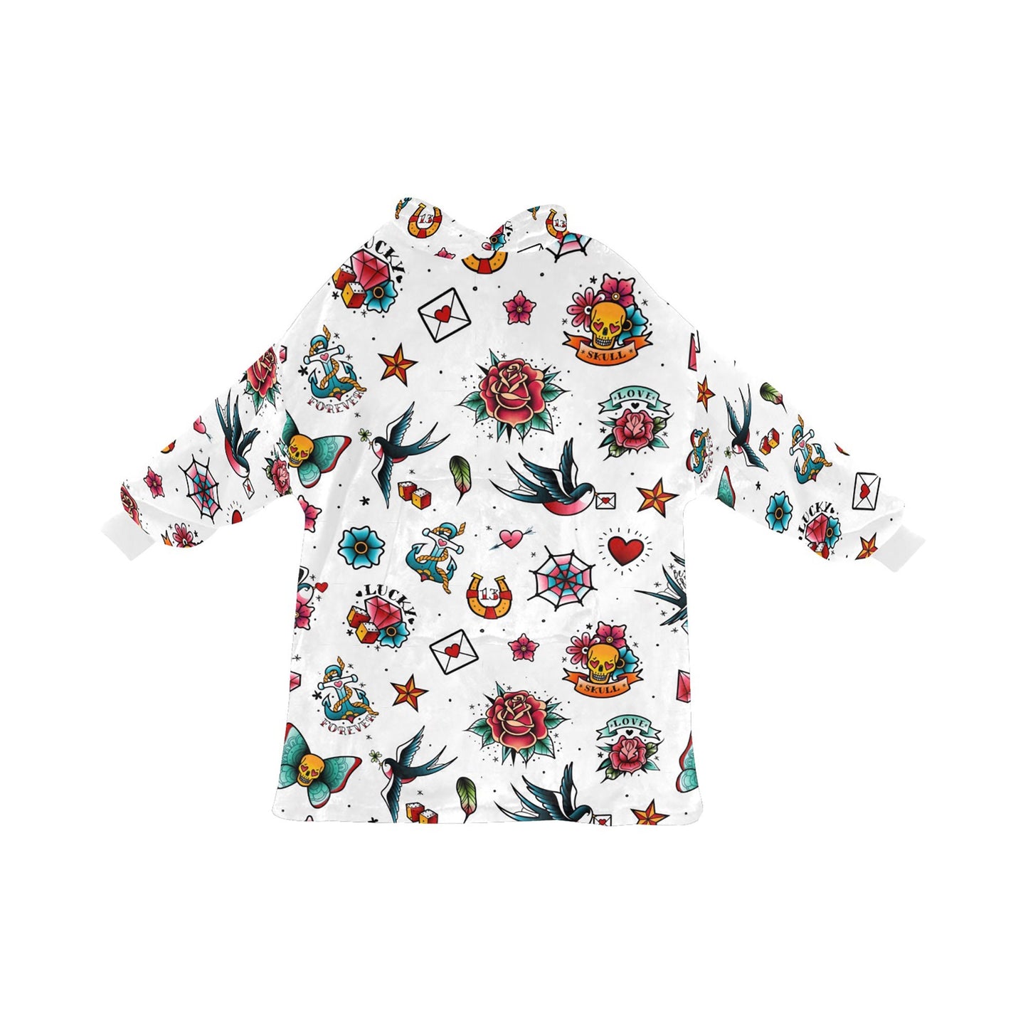 White Retro Tattoo Theme Blanket Hooded Jumper Hoodie Winter Oversized Adults