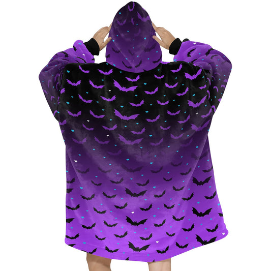 Purple Ombre Bat Spooky Halloween Theme Blanket Hooded Jumper Hoodie Winter Oversized Kids Adults