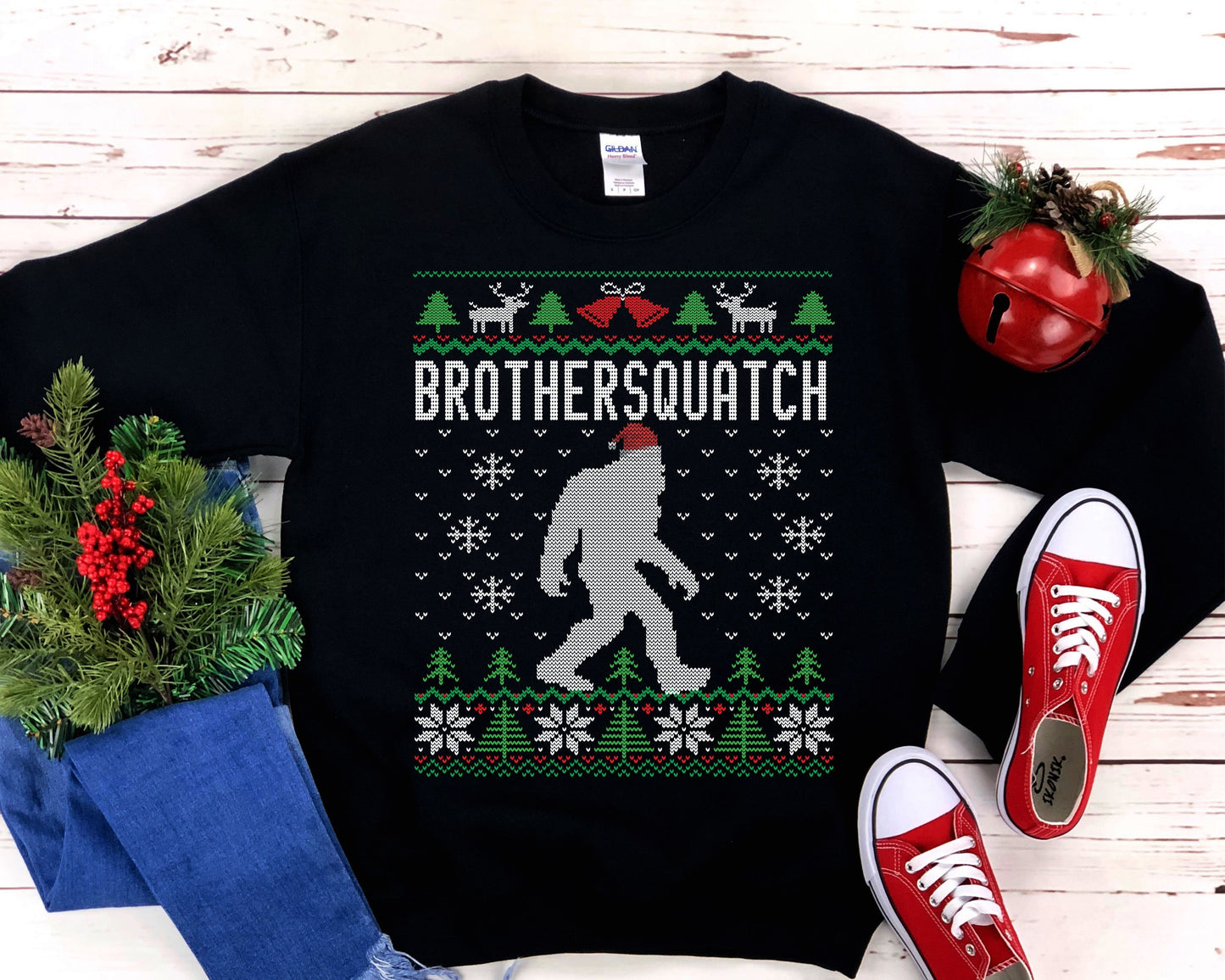 Matching Family Ugly Christmas For Brother Santa Hat Sasquatch Shirt Xmas Bigfoot Sweatshirt Unisex Heavy Blend Crewnec