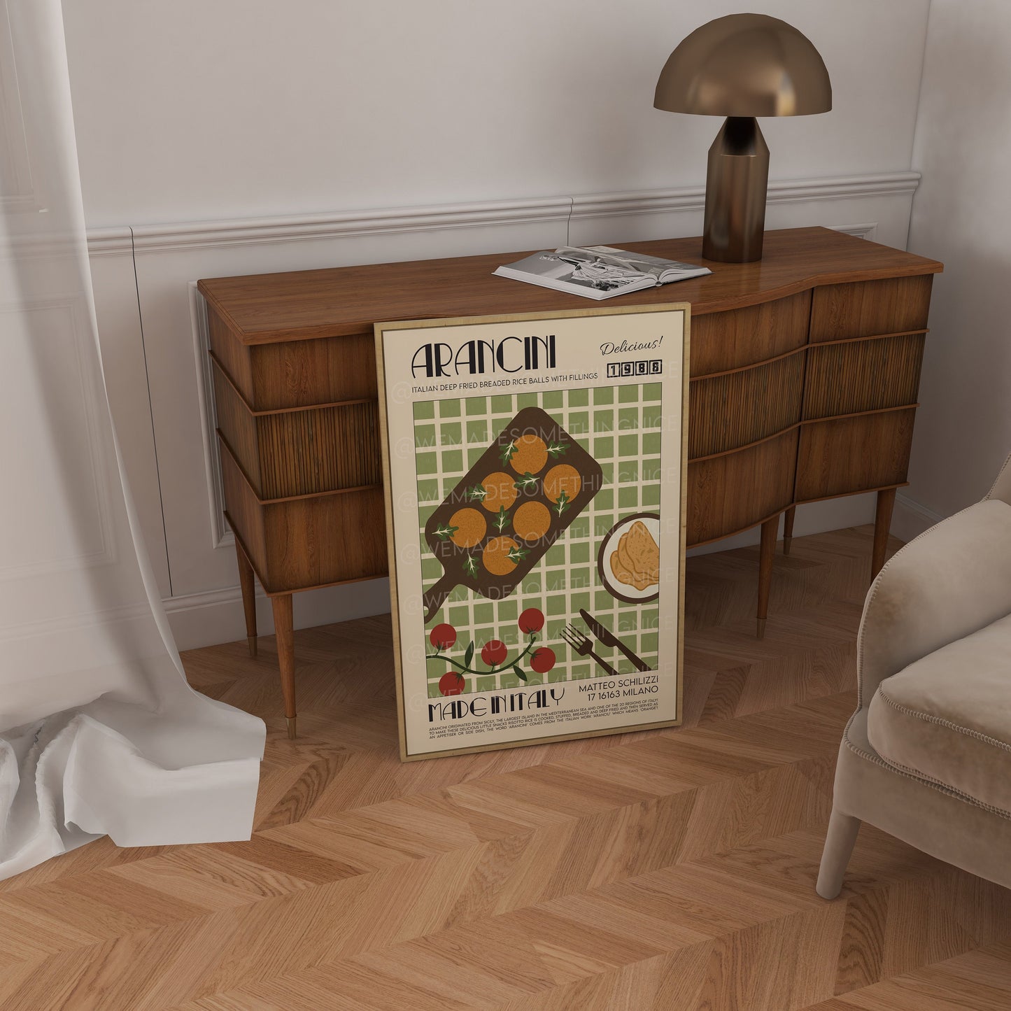 Arancini Print, Kitchen Poster, Kitchen Print, Retro Food Poster, Kitchen Decor, Food Art, Mid Century Modern, Eat Sign, Rome, Italy Art