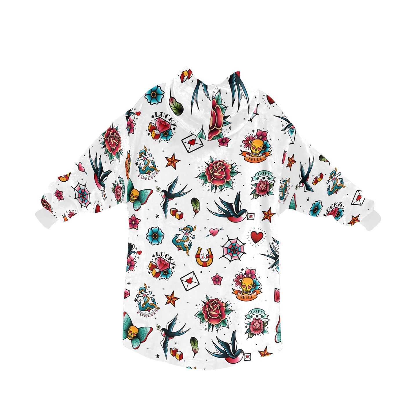 White Retro Tattoo Theme Blanket Hooded Jumper Hoodie Winter Oversized Adults