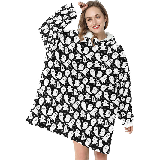 Ghosts Spooky Halloween Theme Blanket Hooded Jumper Hoodie Winter Oversized Kids Adults