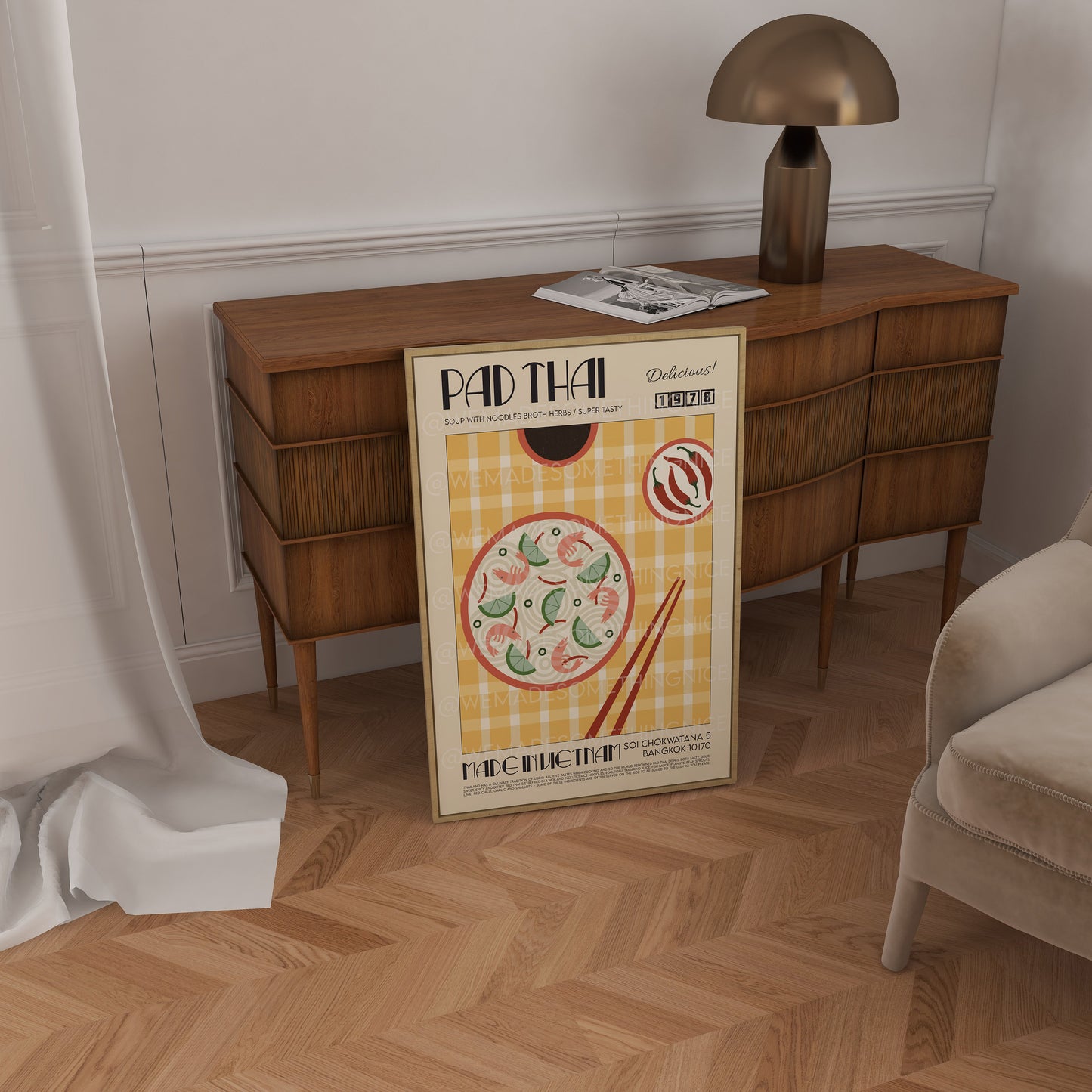 Pad Thai Poster, Kitchen Art, Kitchen Poster, Modern Kitchen Decor, Illustration, Thailand, Food, Chef Print, Bar Art, Retro Wall Art