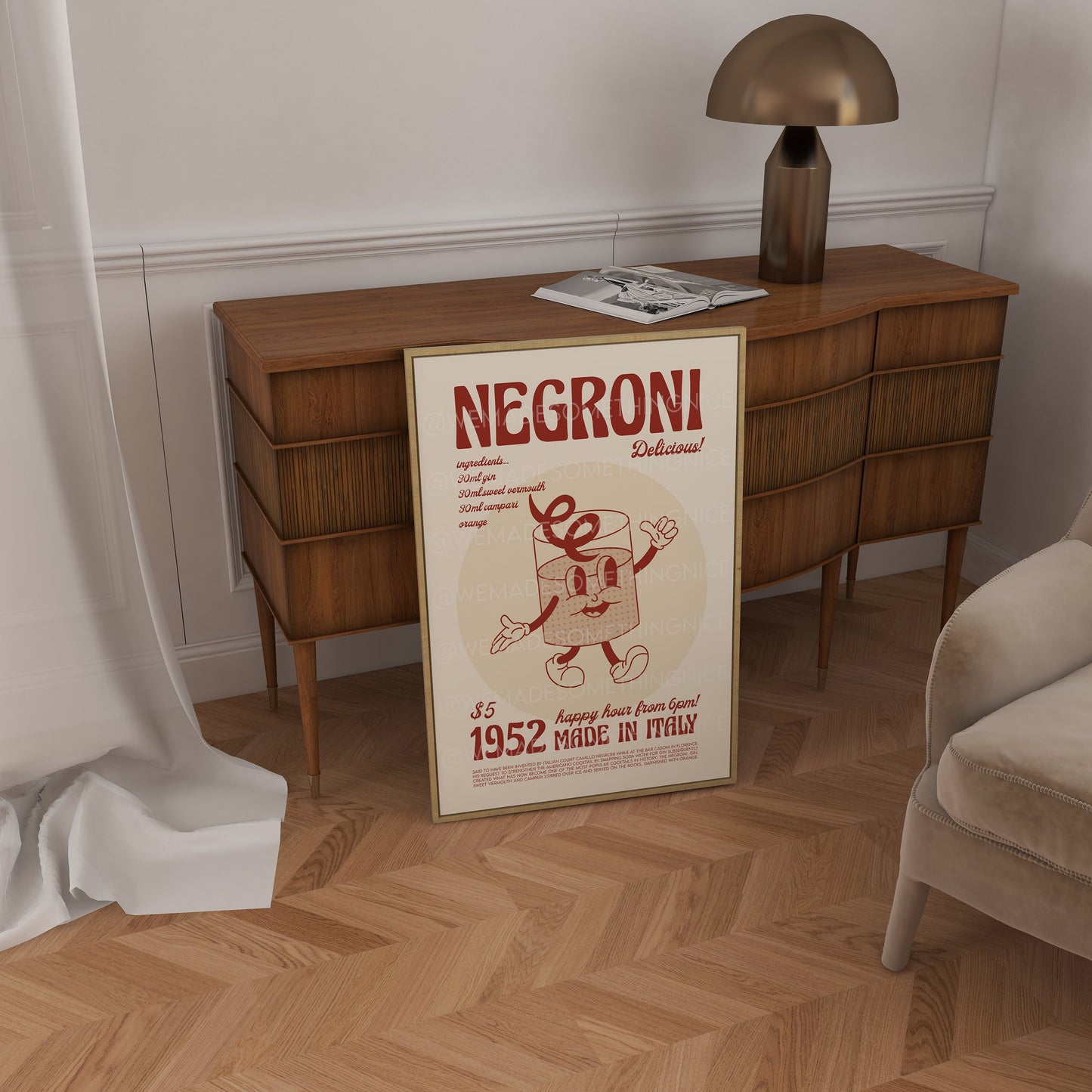 Negroni Print, Negroni Poster, Cocktail Art, Kitchen Art, Cocktail Poster, Mid Century Modern, Illustration, Funny Print