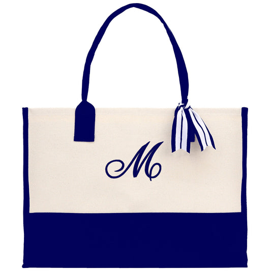 Personalized Monogram Embroidery Cotton Canvas Beach Tote Bag Initial Tote Bridesmaid Gift Tote Custom Beach Bag Gift for Her A-Z - Navy