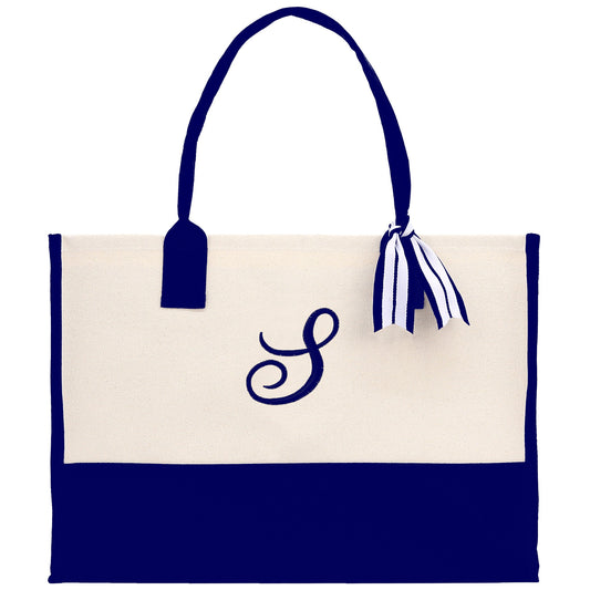Personalized Monogram Embroidery Cotton Canvas Beach Tote Bag Initial Tote Bridesmaid Gift Tote Custom Beach Bag Gift for Her A-Z - Navy