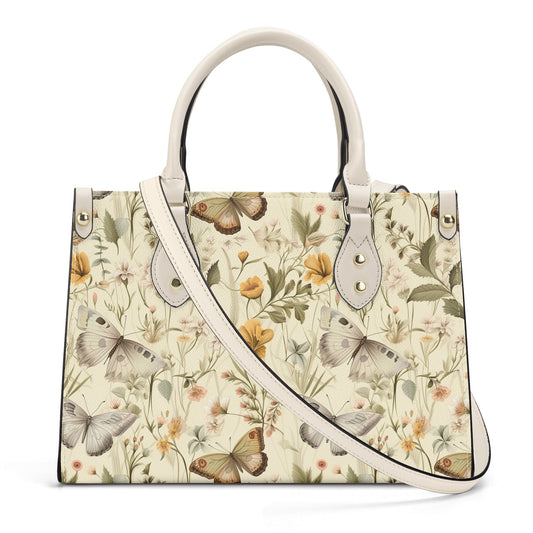 Beige Boho PU Leather Tote Bag, Cottagecore Butterfly Trendy Fashion Handbag, Dark academia Vegan Leather Handbag Gift, Boho Crossbody Bag