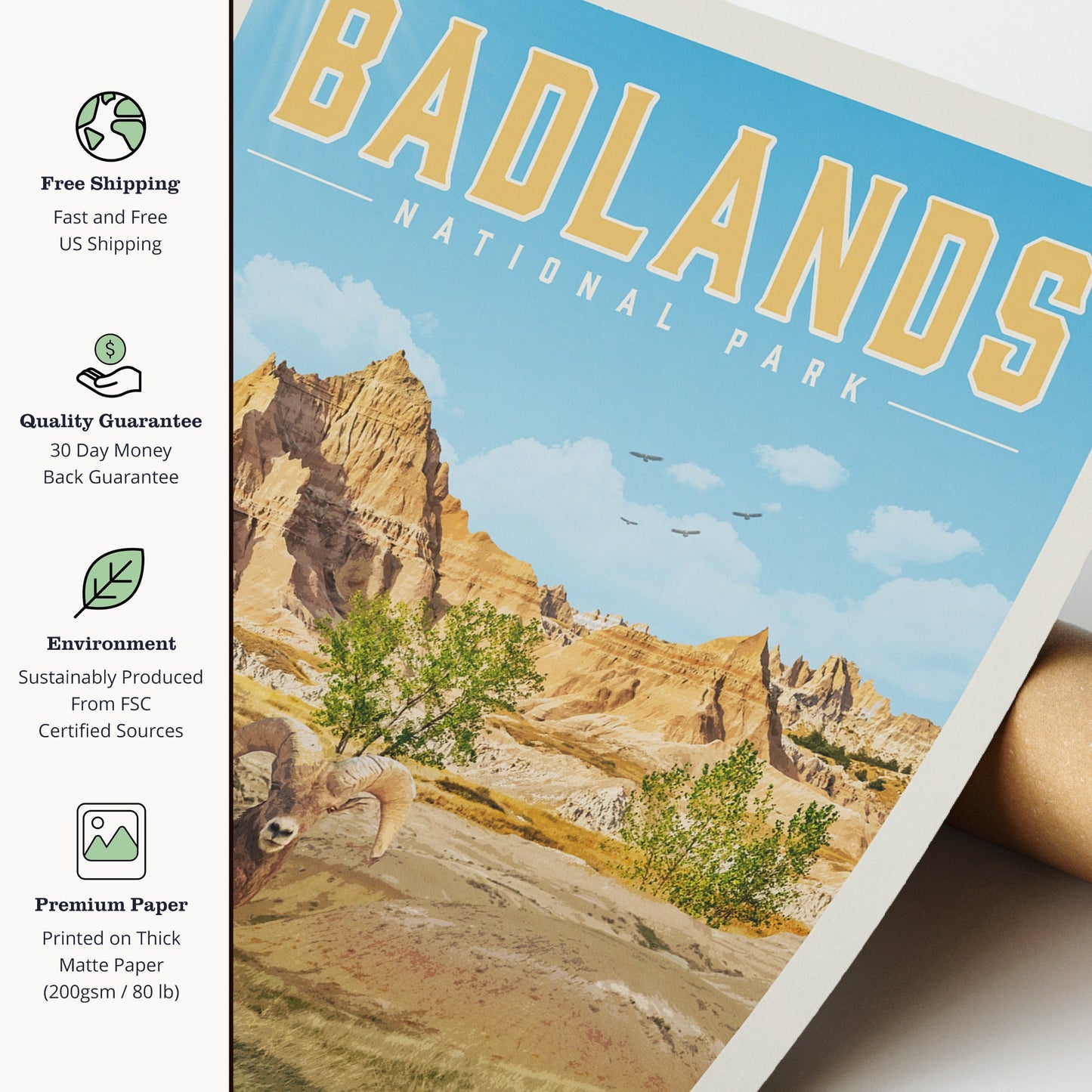 Badlands Wall Art, Badlands Art Print, National Park Print | Vintage National Park Poster | Unique Hiking Gift for National Park Lover