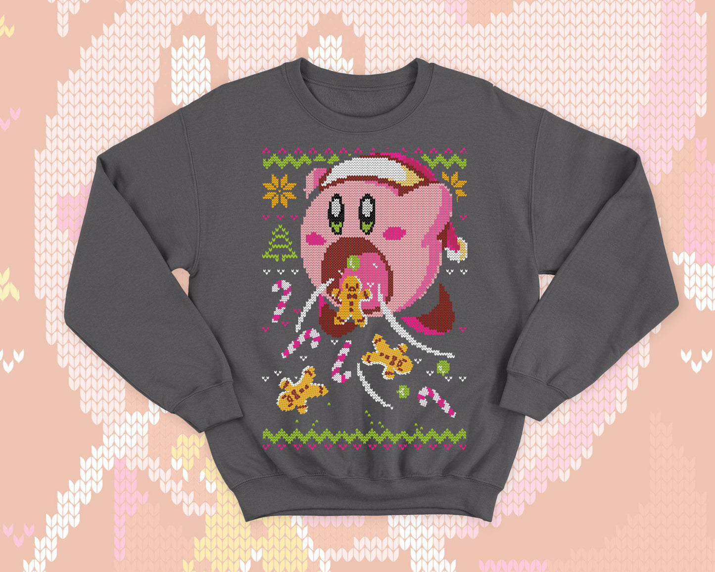Kirby Ugly Christmas - Kawaii sweatshirt gift - Cute pink hungry Kirby - Sweets and cookies