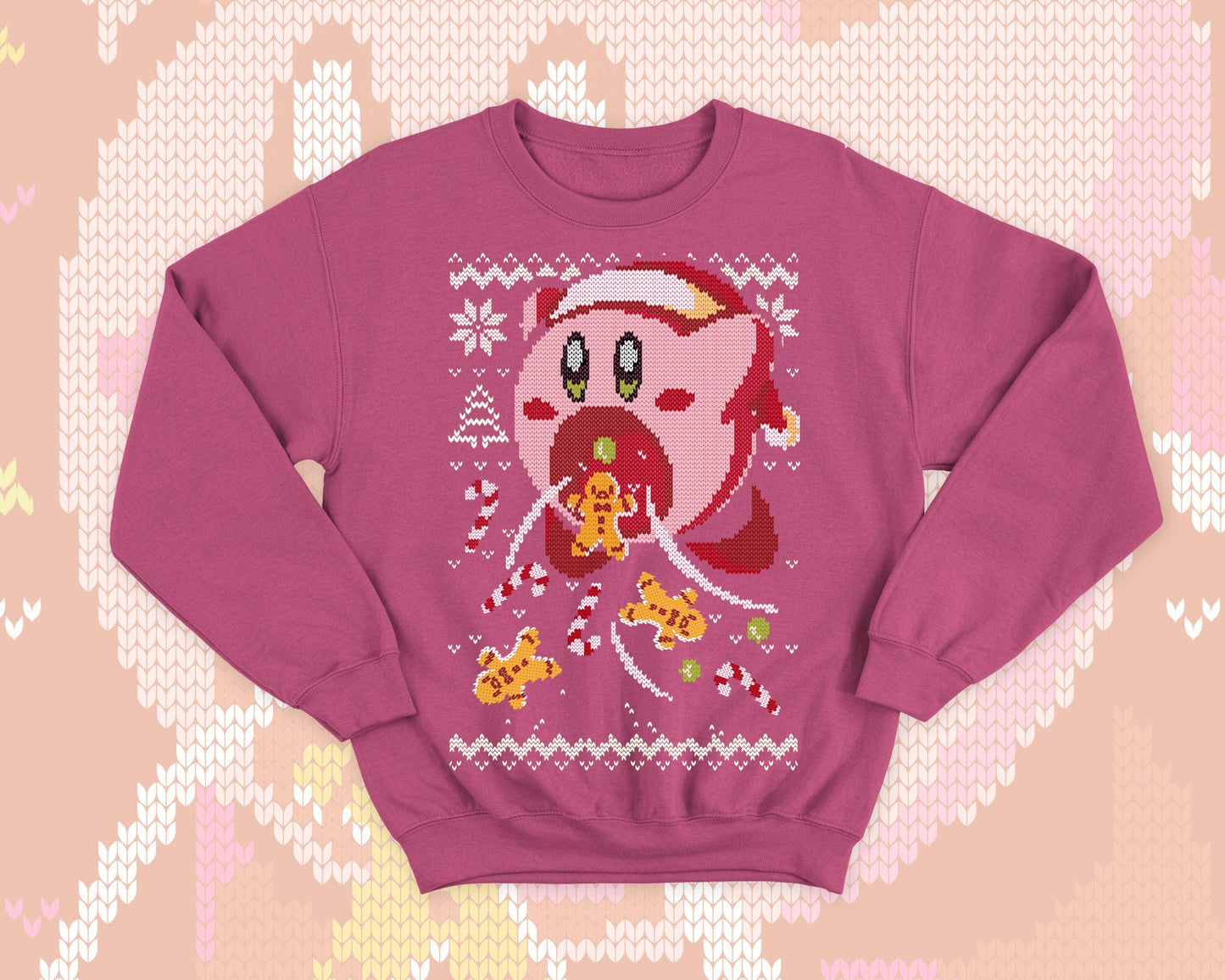 Kirby Ugly Christmas - Kawaii sweatshirt gift - Cute pink hungry Kirby - Sweets and cookies