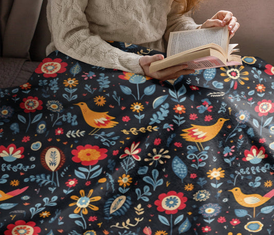 Swedish Folklore Sherpa Fleece Blanket, Scandinavian Bird Images Blanket, Nordic Design Sherpa Blanket, Swedish Forest Images Blanket