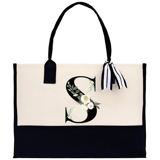 Floral Monogram Beach Canvas Tote Bag Initial Tote Bag Letter Tote Bag Birthday Gift Personalized Tote Bag Personalized Beach Bag