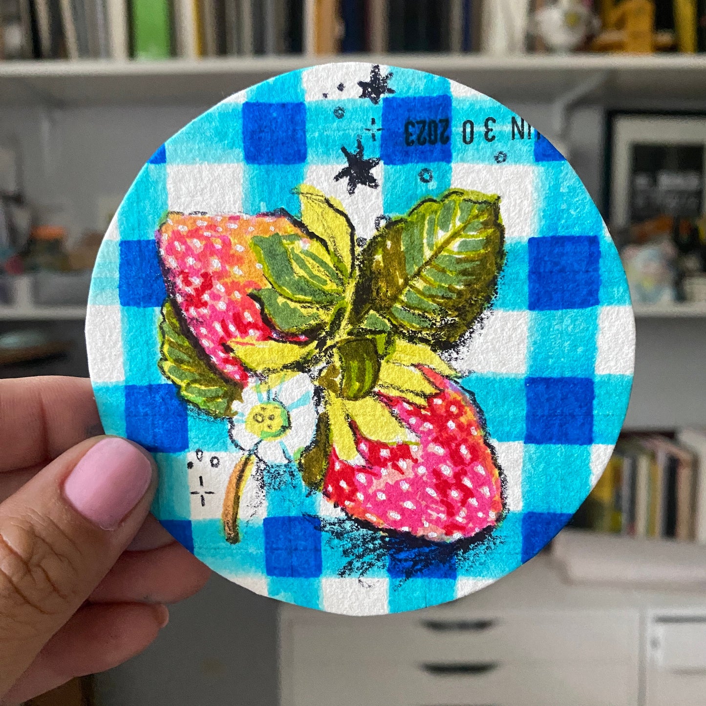 Summer Strawberries Original Mixed Media Drawing | Round Marker Drawing on Paper