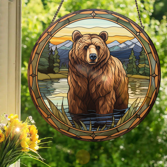 Grizzly Bear: Stained Glass Style Window Hanging
