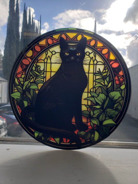 Greenhouse Black Cat: Stained Glass Style Window Hanging
