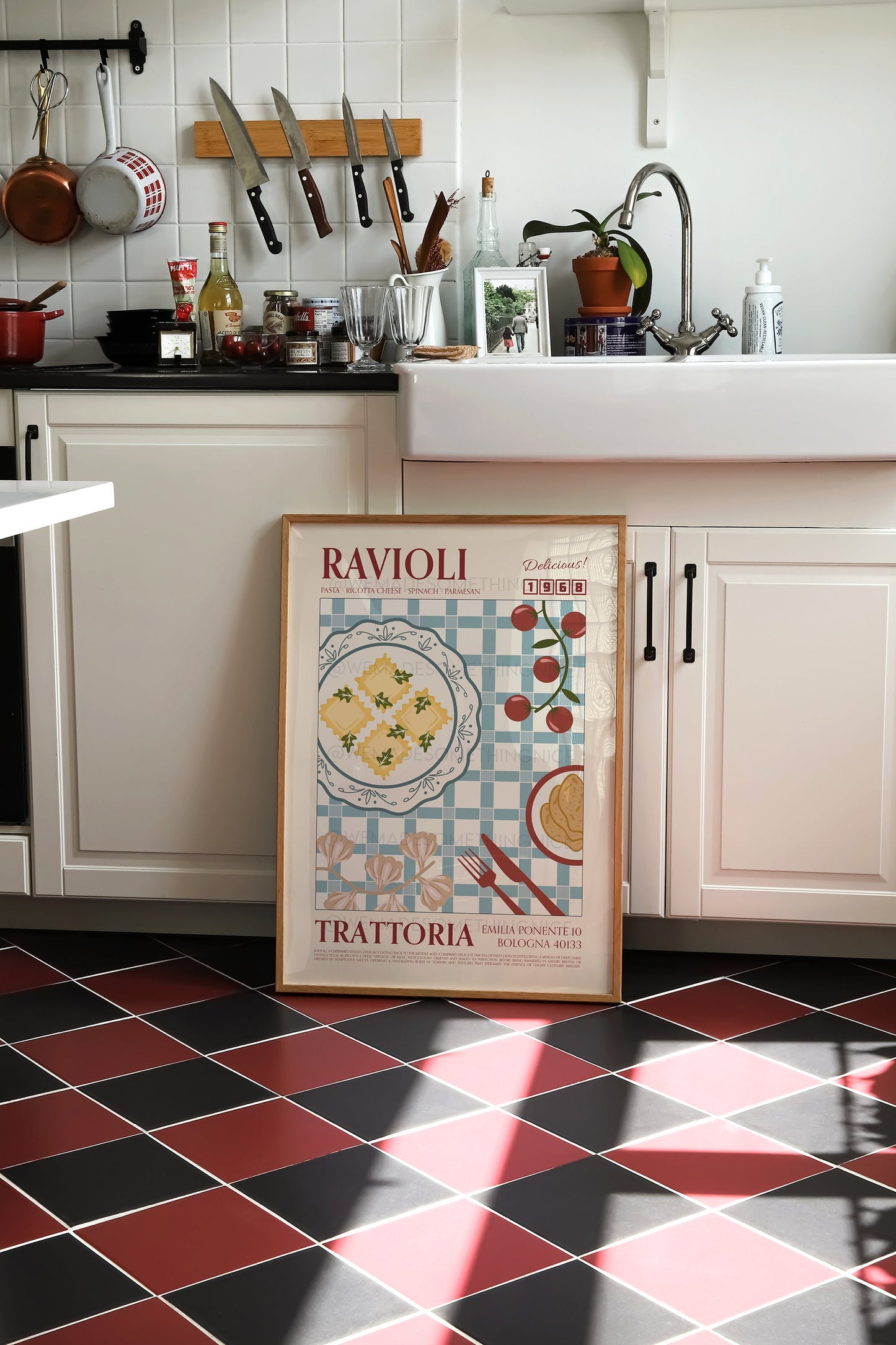 Ravioli Poster, Pasta Print, Kitchen Poster, Kitchen Print, Food Print, Modern Kitchen Decor, Retro Wall Art, Wine Art
