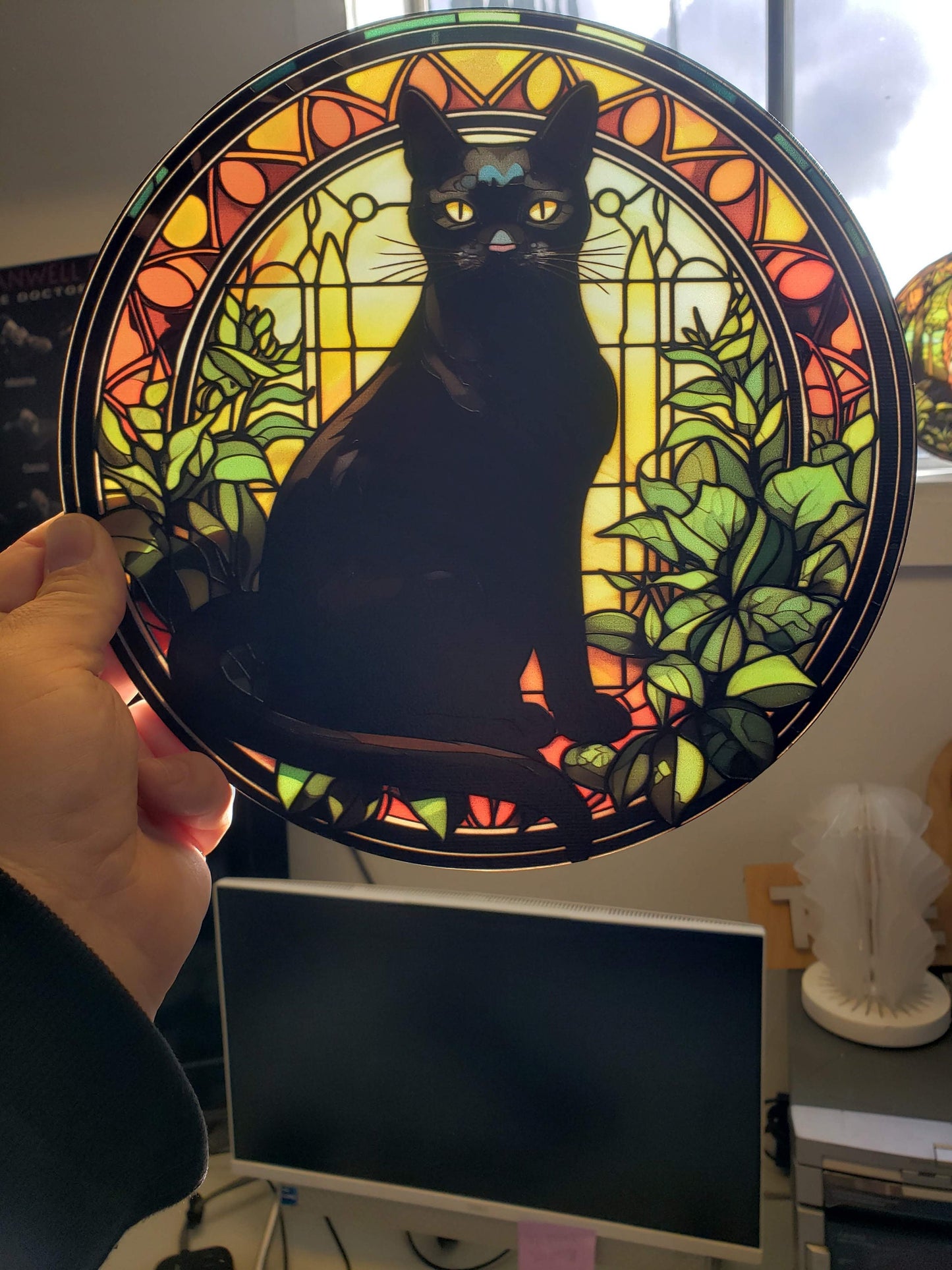 Greenhouse Black Cat: Stained Glass Style Window Hanging
