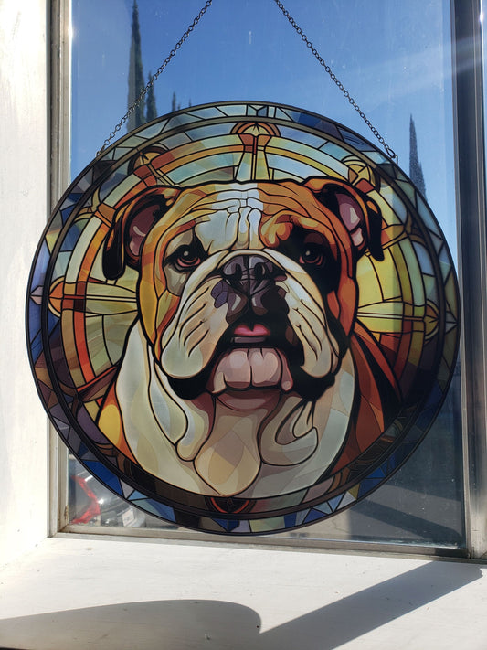 English Bulldog: Stained Glass Style Window Hanging