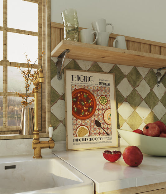 Tagine Print, Kitchen Poster, Kitchen Print, Kitchen Decor, Food Art, Mid Century Modern, Eat Sign, Hummus, Mediterranean Kitchen, Retro Art