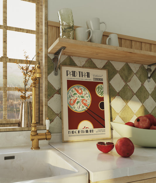 Pad Thai Poster, Kitchen Poster, Kitchen Print, Food Poster, Modern Kitchen Decor, Illustration, Thailand, Food, Chef Print, Retro Wall Art