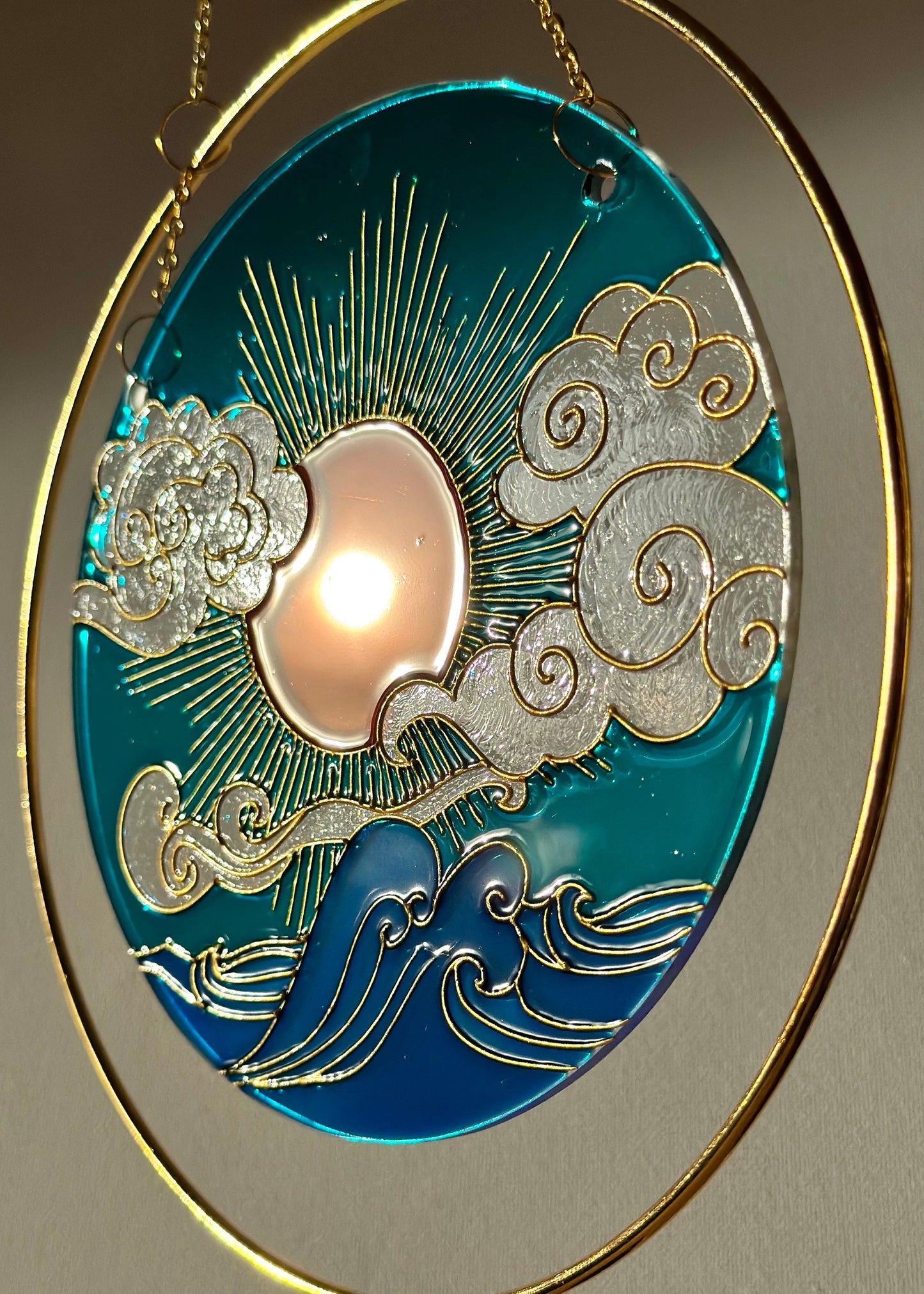 Sentimental gift Suncatcher for window Sea Sun Cloud chime Mothers day Aesthetic room decor Stained glass painting