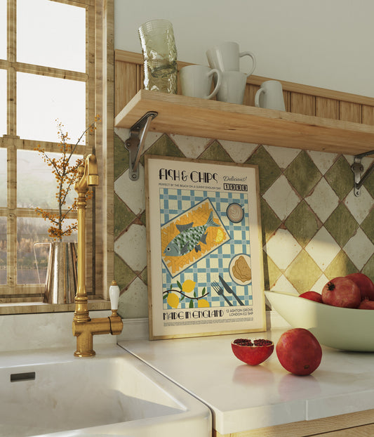 Fish and Chips Poster, Kitchen Poster, Kitchen Print, Food Print, Modern Kitchen Decor, Bar Art, Retro Wall Art
