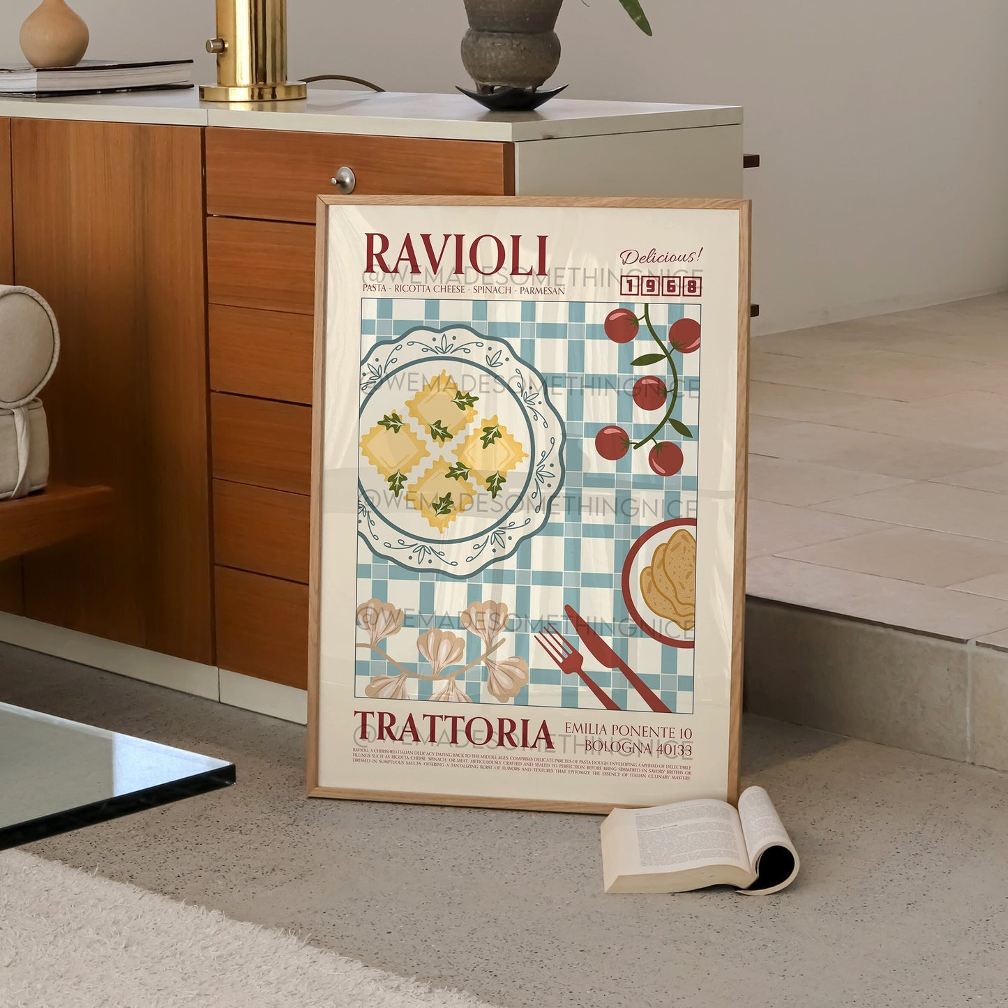 Ravioli Poster, Pasta Print, Kitchen Poster, Kitchen Print, Food Print, Modern Kitchen Decor, Retro Wall Art, Wine Art