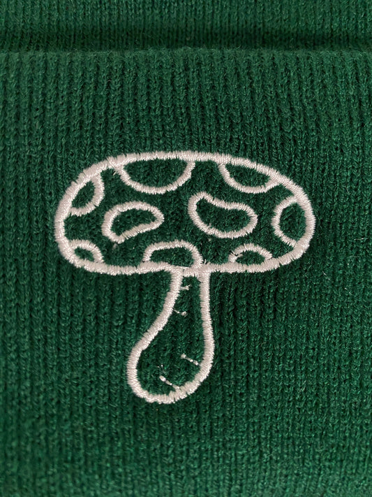 WHITE MUSHROOM Beanie, Mushroom Outline Embroidered Forest Green Beanie, Rave Beanie Hat, Nature Themed Plant Lovers Gift Present Simple
