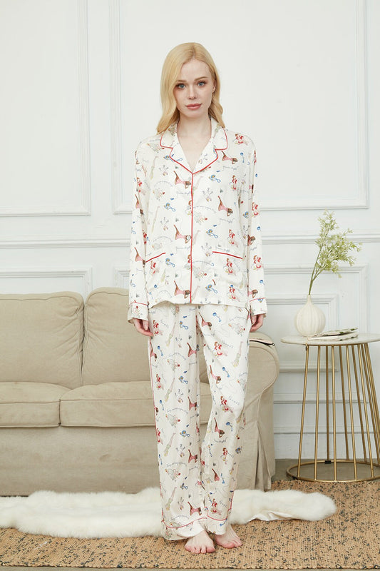 Satin Pajama Set For Women, Bride And Bridesmaids Pajama, Paris Girl Print,Soft Silky Polyester, Gift For Her