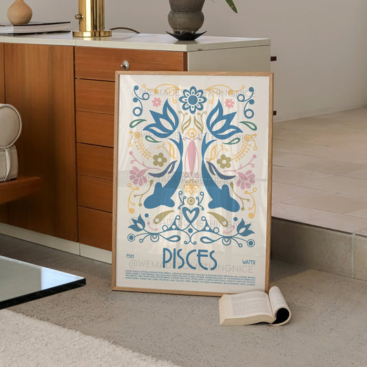 Pisces Poster, Horoscope Print, Astrological Wall Art, Tarot, Exhibition Poster, Zodiac Poster, Birthday Present, Housewarming, Boho