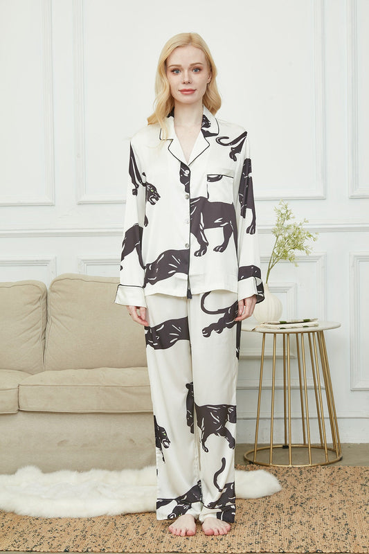 Satin Long Pyjama Set, Bride And Bridesmaids Pajama, Pajama Set For Women , Black Panther Print, Gift For Her,Could Be Wear Outside