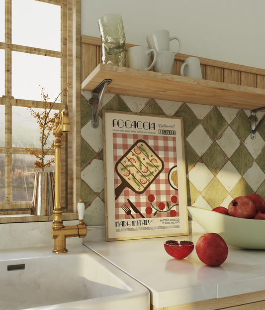 Focaccia Print, Food Art, Kitchen Art, Kitchen Poster, Kitchen Print, Italy Poster Kitchen Decor, Mid Century Modern