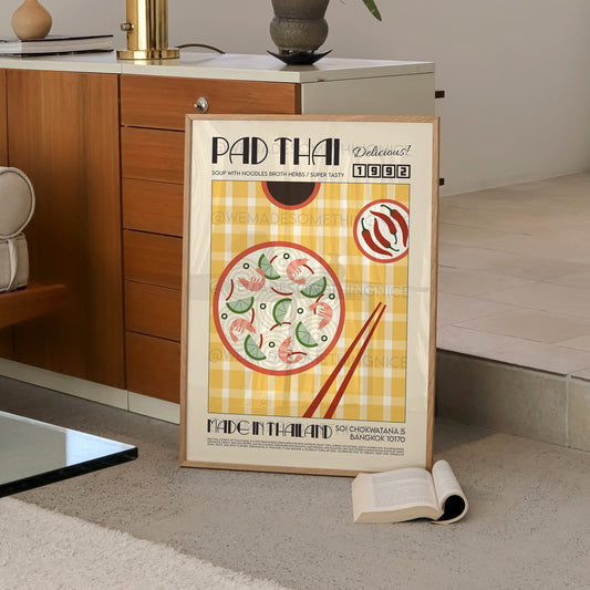 Pad Thai Poster, Kitchen Art, Kitchen Poster, Modern Kitchen Decor, Illustration, Thailand, Food, Chef Print, Bar Art, Retro Wall Art