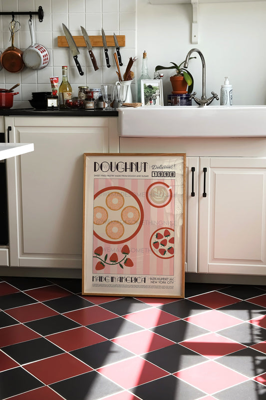Doughnut Poster, Kitchen Art, Food Print, Kitchen Wall Art, Retro Poster, Pink Wall Art, Kitchen Poster, Exhibition Poster, Housewarming