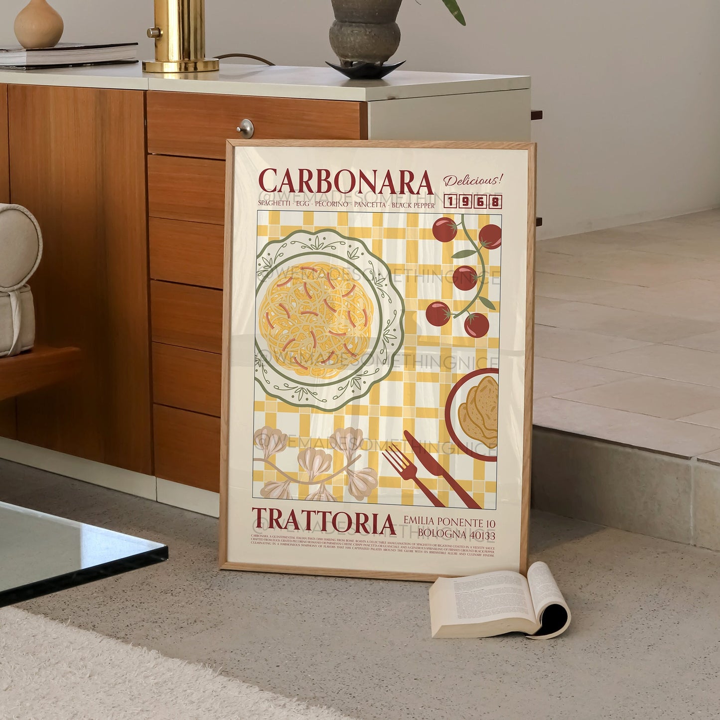 Carbonara Poster, Pasta Poster, Kitchen Poster, Kitchen Print, Retro Poster, Modern Kitchen Decor, Retro Wall Art, Wine Art