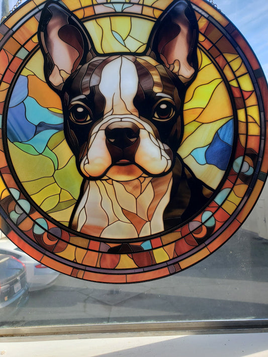 Boston Terrier: Stained Glass Style Window Hanging