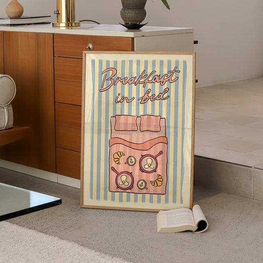 Breakfast In Bed Poster, Coffee Poster, Apartment Decor, Retro Wall Art, Coquette Room Decor, Pink Wall Art, Y2K Room Decor, Retro Wall Art