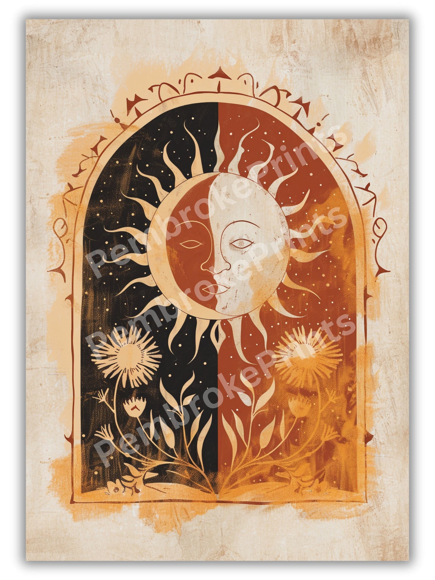 Sun Art Poster Mystical Folk Art Illustration Flowery Spiritual Print Botanical Rose Boho Wall Art Earth Tones Flowery Calm Bedroom Decor