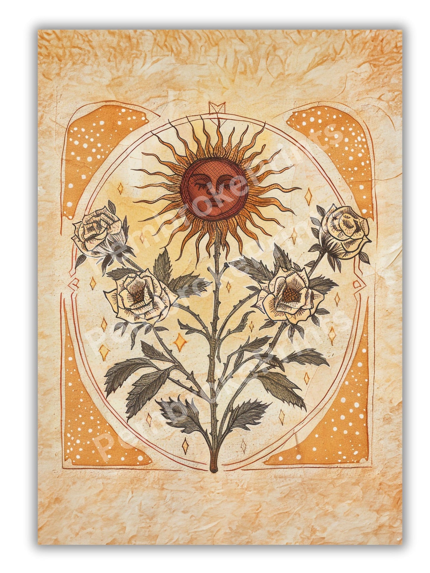 Sun Art Poster Mystical Folk Art Illustration Flowery Spiritual Print Botanical Rose Boho Wall Art Earth Tones Flowery Bedroom Decor