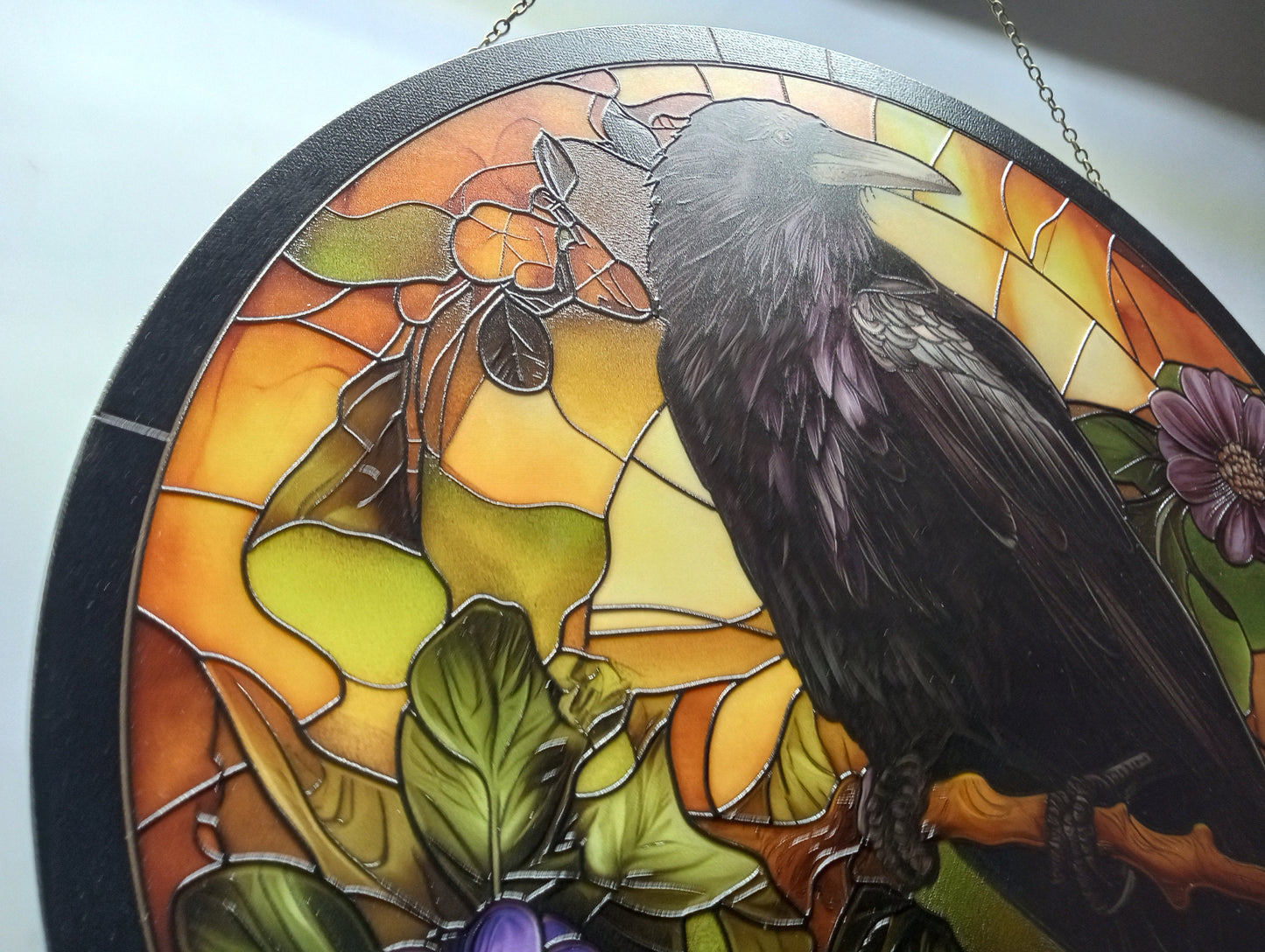 Autumn Raven: Stained Glass Style Window Hanging