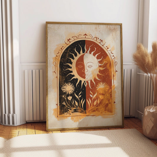 Sun Art Poster Mystical Folk Art Illustration Flowery Spiritual Print Botanical Rose Boho Wall Art Earth Tones Flowery Calm Bedroom Decor