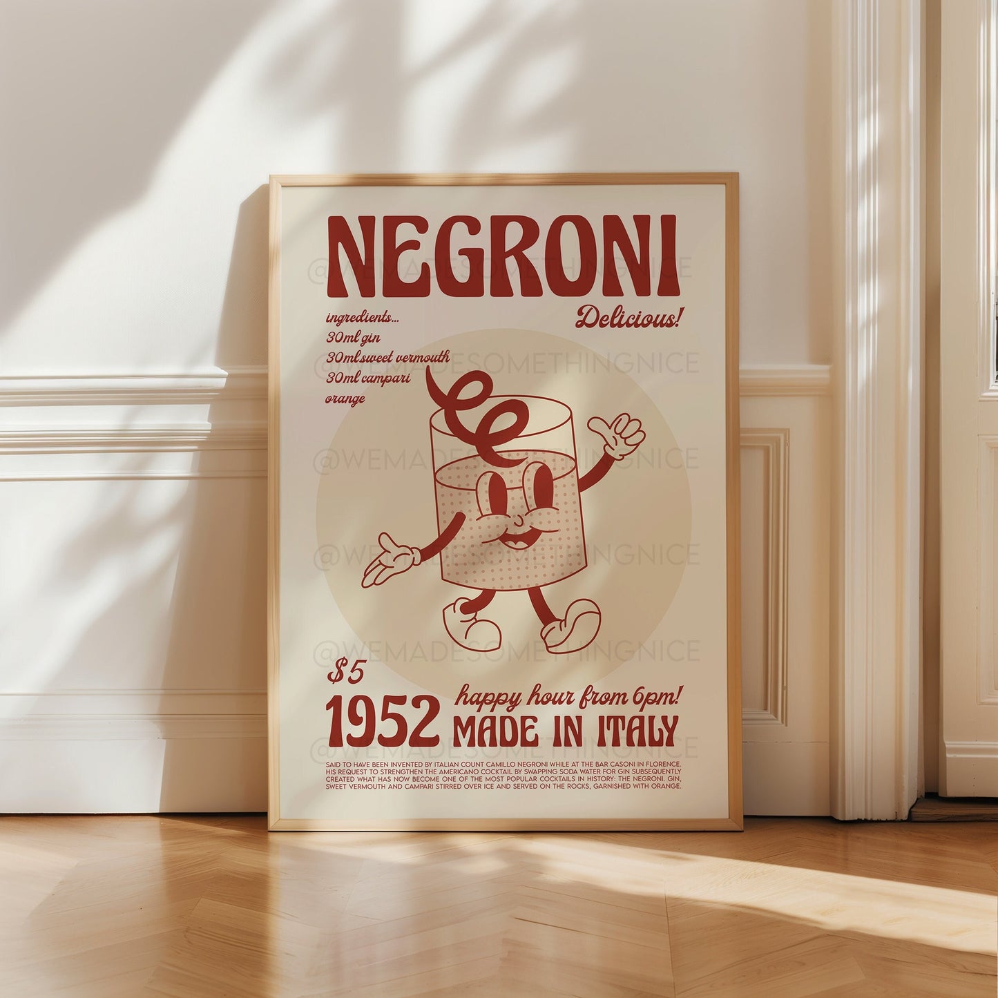 Negroni Print, Negroni Poster, Cocktail Art, Kitchen Art, Cocktail Poster, Mid Century Modern, Illustration, Funny Print