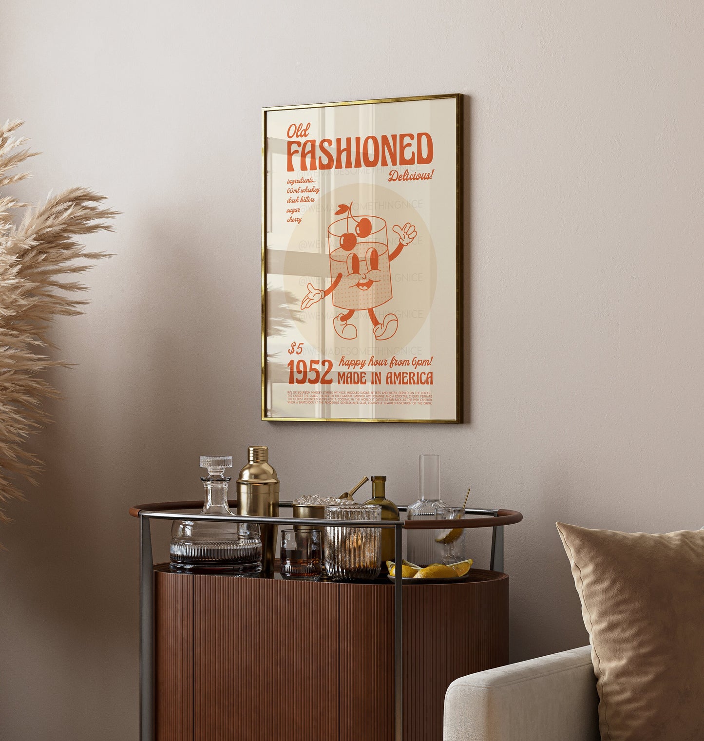 Old Fashioned Print, Kitchen Art, Cocktail Art, Drinks Poster, French Retro, Kitchen Decor, Cocktail Poster,