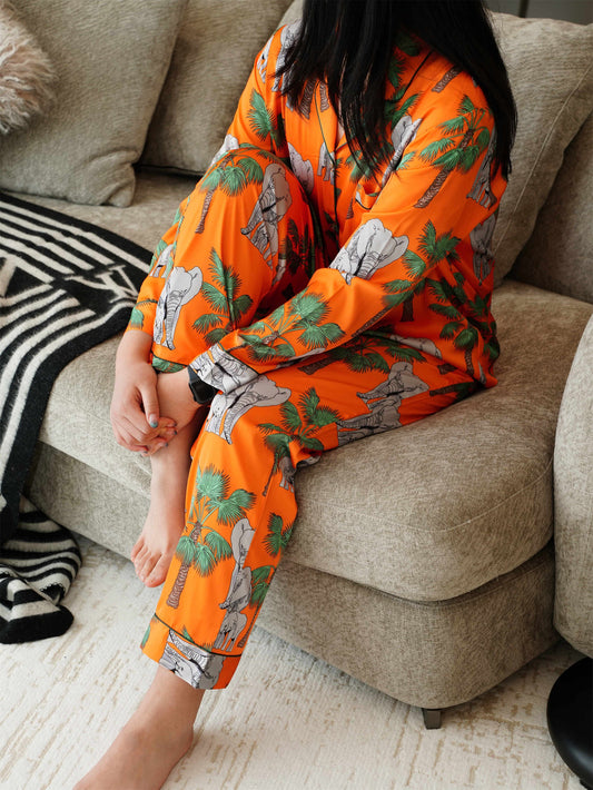 Elephant Prints Satin Long Pyjama Set, Bride And Bridesmaids Pajama, Pajama Set For Women , Gift For Her, Could Be Wear Outside