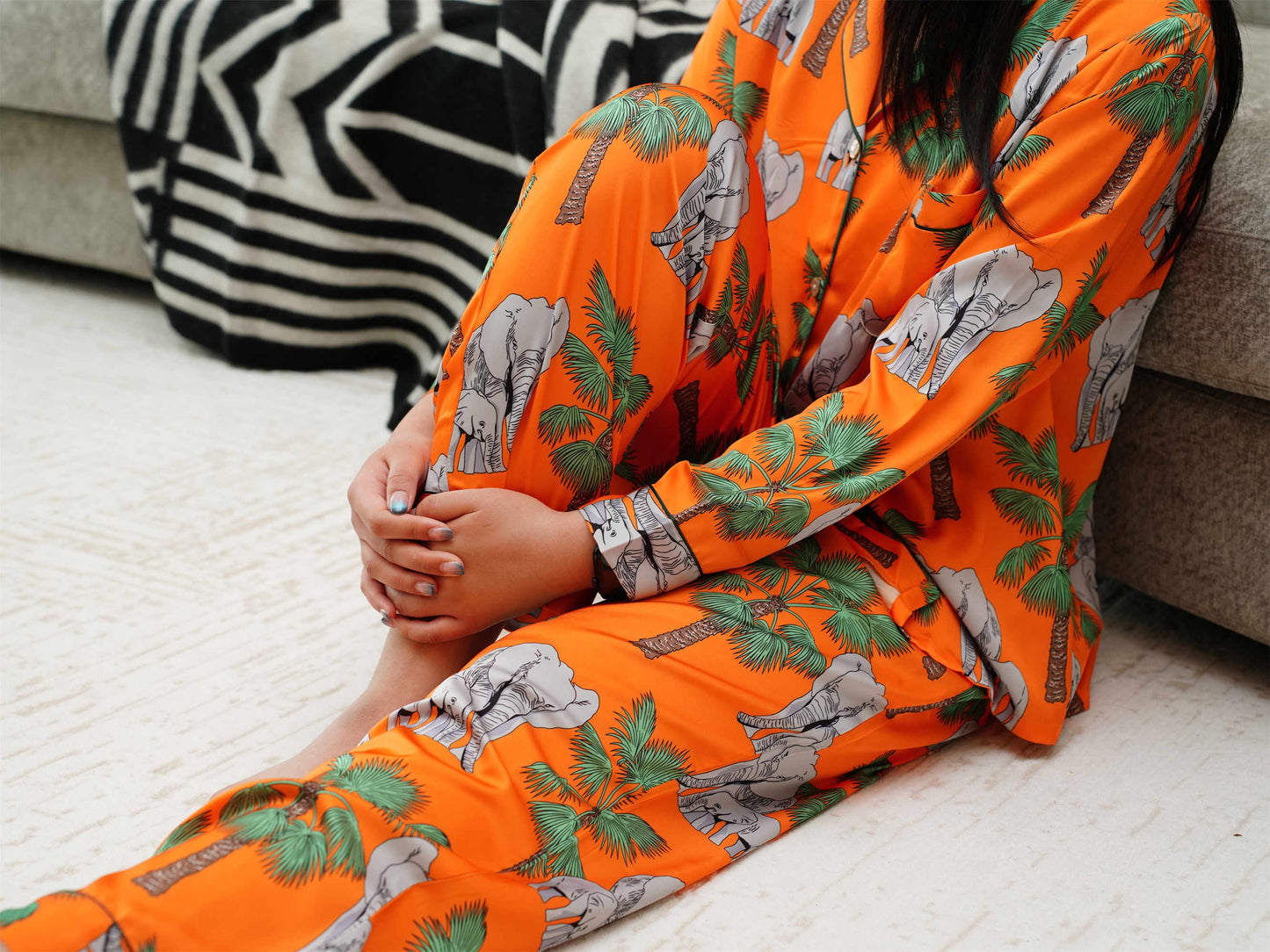 Elephant Prints Satin Long Pyjama Set, Bride And Bridesmaids Pajama, Pajama Set For Women , Gift For Her, Could Be Wear Outside