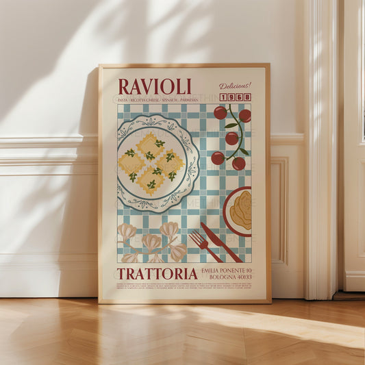 Ravioli Poster, Pasta Print, Kitchen Poster, Kitchen Print, Food Print, Modern Kitchen Decor, Retro Wall Art, Wine Art