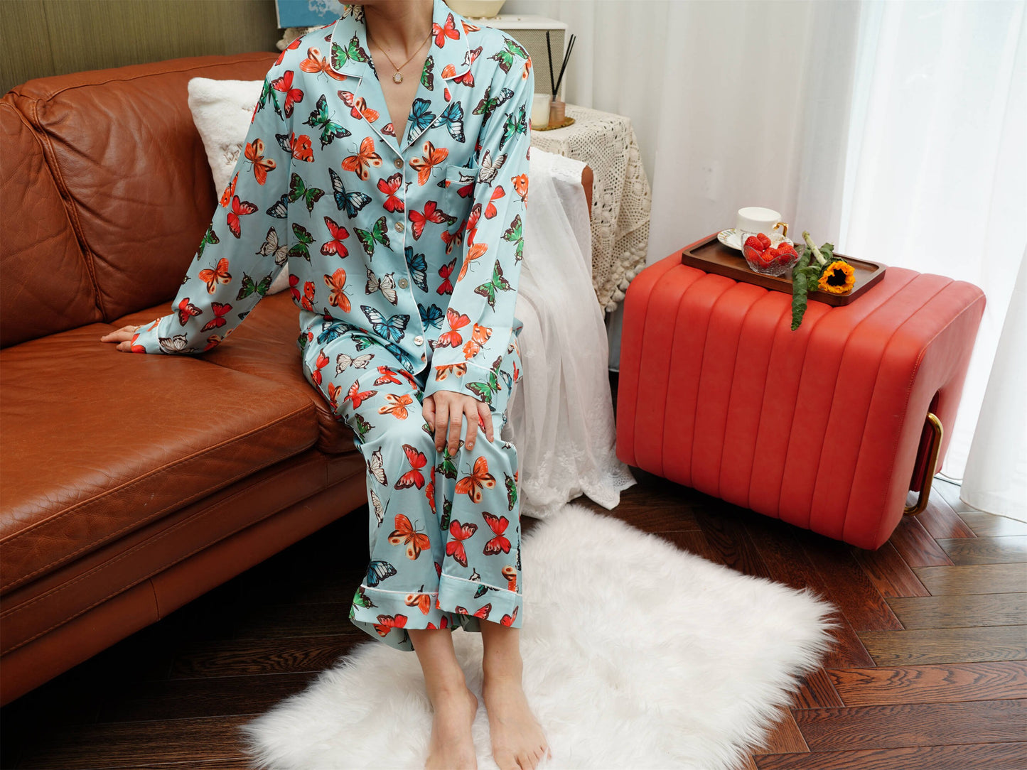 Exotic Butterfly Print Satin Long Pyjama Set, Bride And Bridesmaids Pajama, Pajama Set For Women , Gift For Her