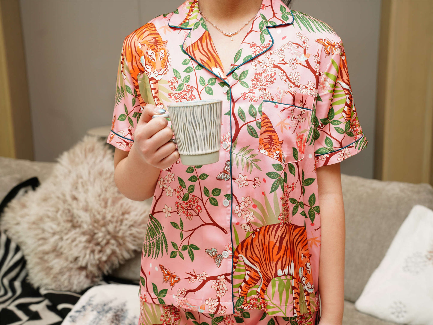 Satin Short-Sleeved Shirt Pyjama Set, Bride And Bridesmaids Pajama, Pajama Set , Pink Tiger Print, Gift For Her, Could Be Wear Outside